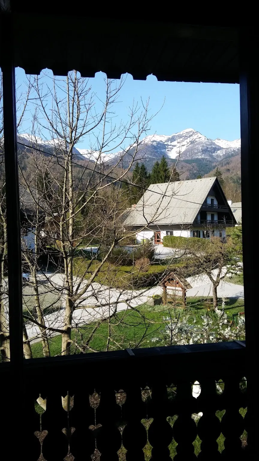Pogled z balkona na sosednjo hišo in gore